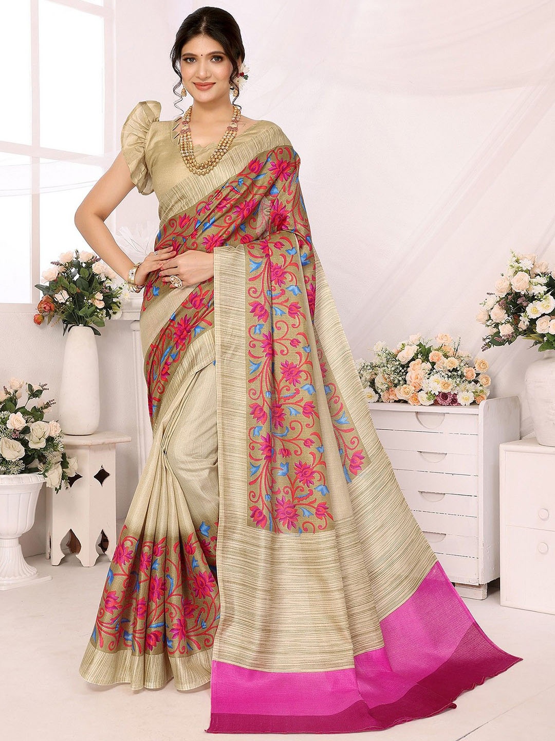 

KALINI Ethnic Motif Printed Saree, Beige