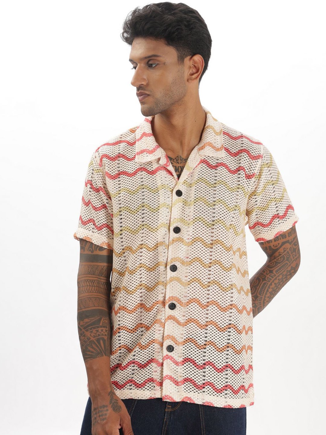 

STI Men Modern Cuban Collar Textured Relaxed Fit Casual Shirt, Cream