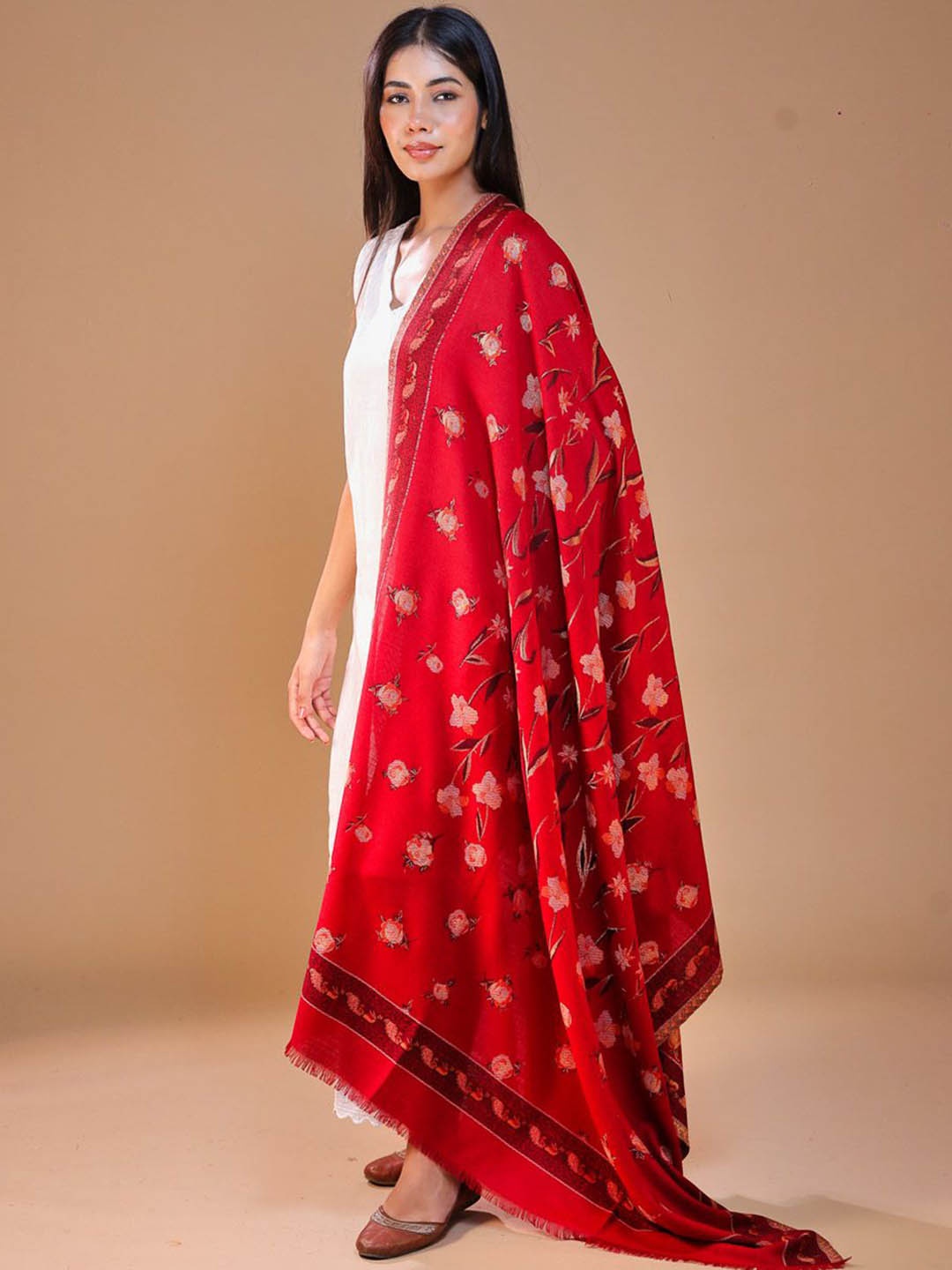 

SWI Stylish Floral Woven Design Kani Shawl, Maroon