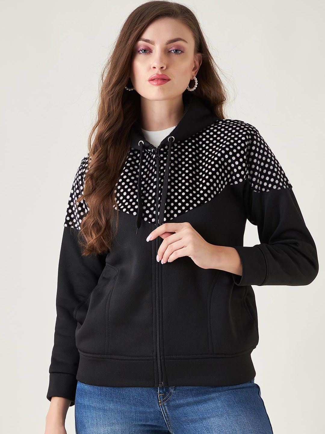 

PIVL Women Polka Dots Printed Windcheater Hooded Jacket, Black