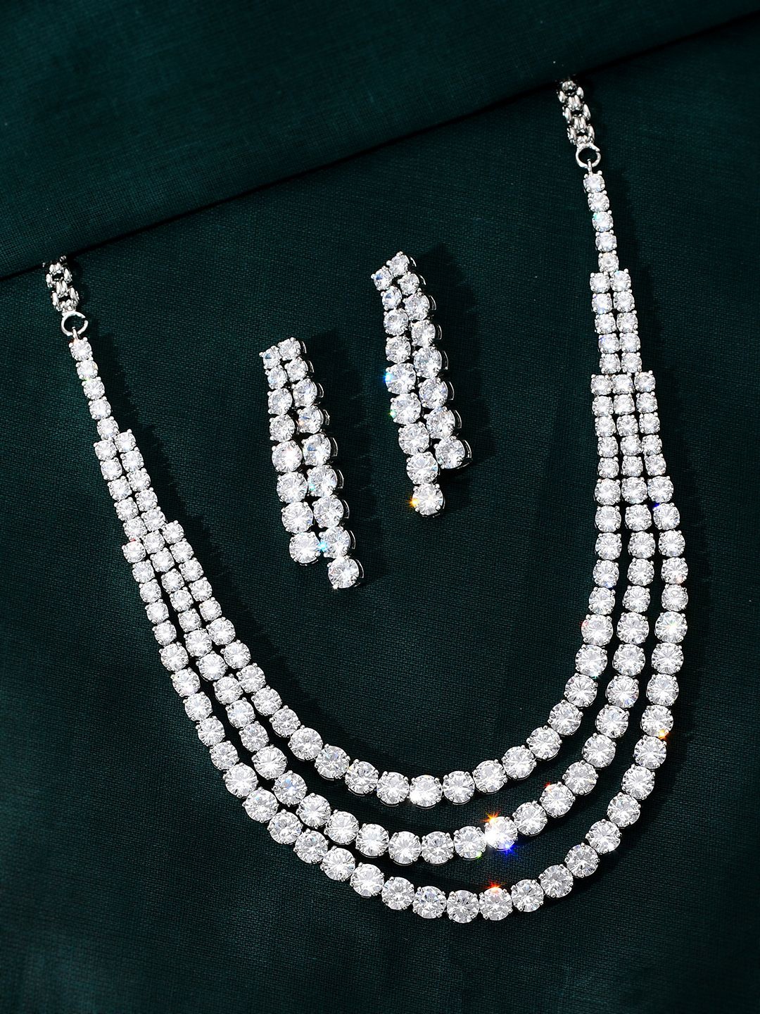 

Voylla Rhodium-Plated American Diamond Studded Jewellery Set, Silver
