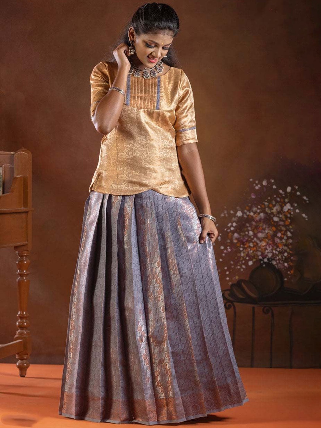 

SHIVANGI clothing Girls Round Neck Regular Slevees Lehenga Choli, Grey