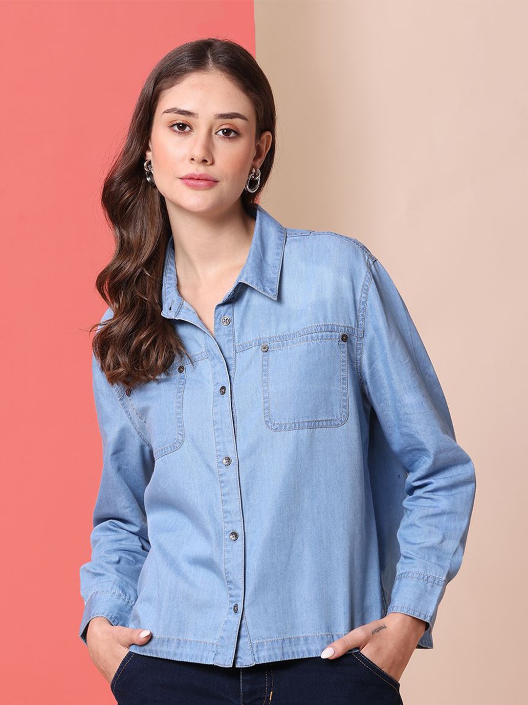 

Chemistry Women Spread Collar Solid Cotton Casual Shirt, Blue