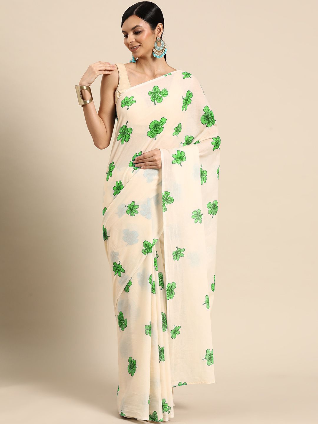 

BUTA BUTI Floral Printed Pure Cotton Saree, Green