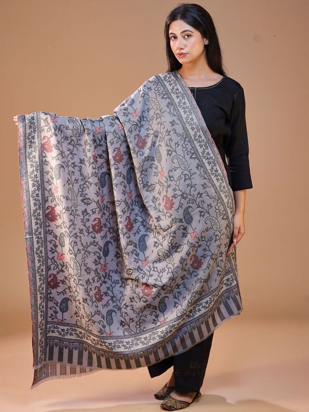

SWI Stylish Women Ethnic Motifs Woven Design Shawl, Grey