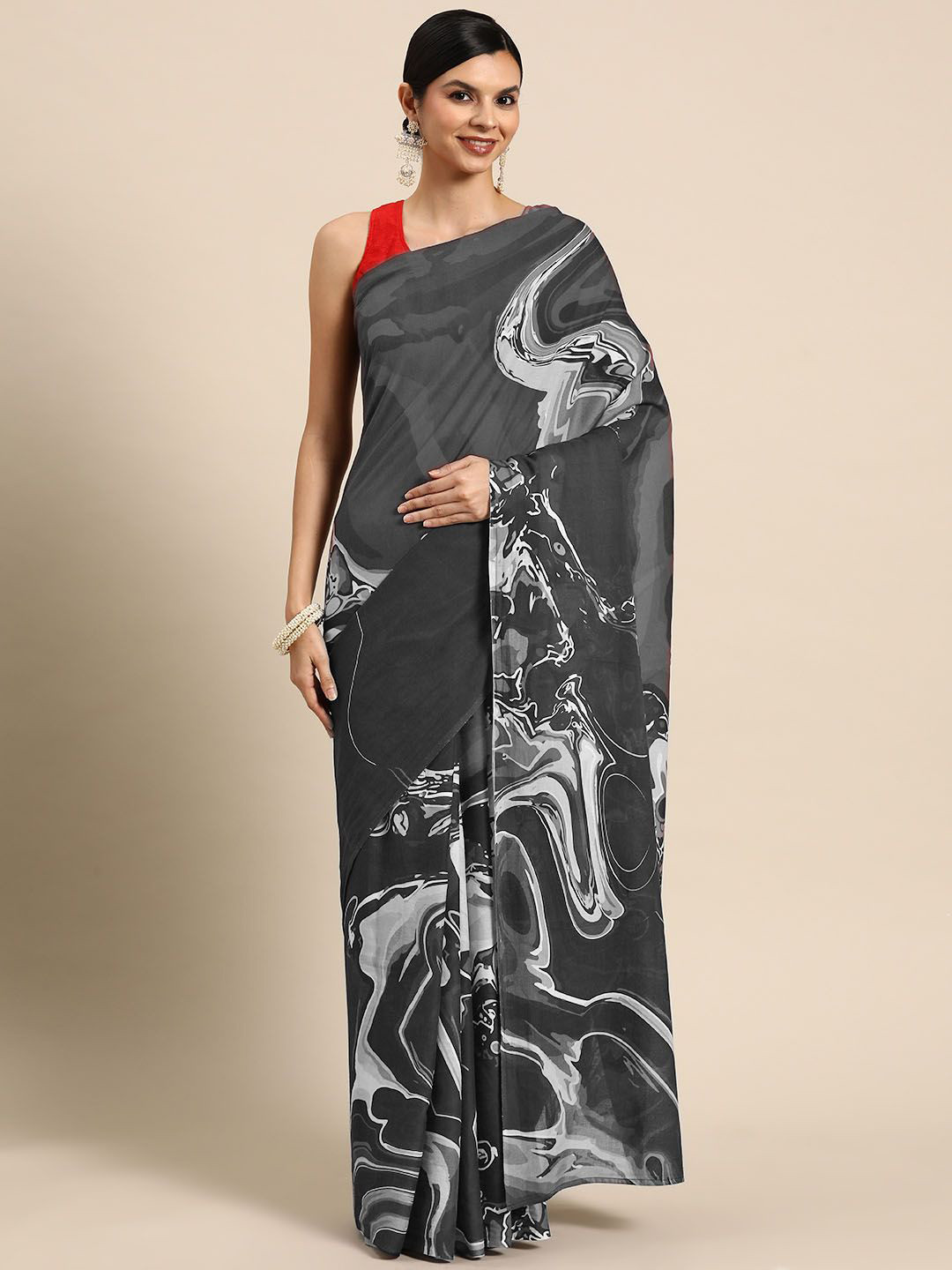 

BUTA BUTI Pure Cotton Abstract Printed Saree, Black