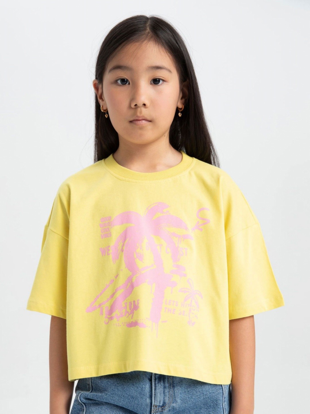 

DeFacto Girls Floral Printed Round Neck Cotton T-shirt, Yellow