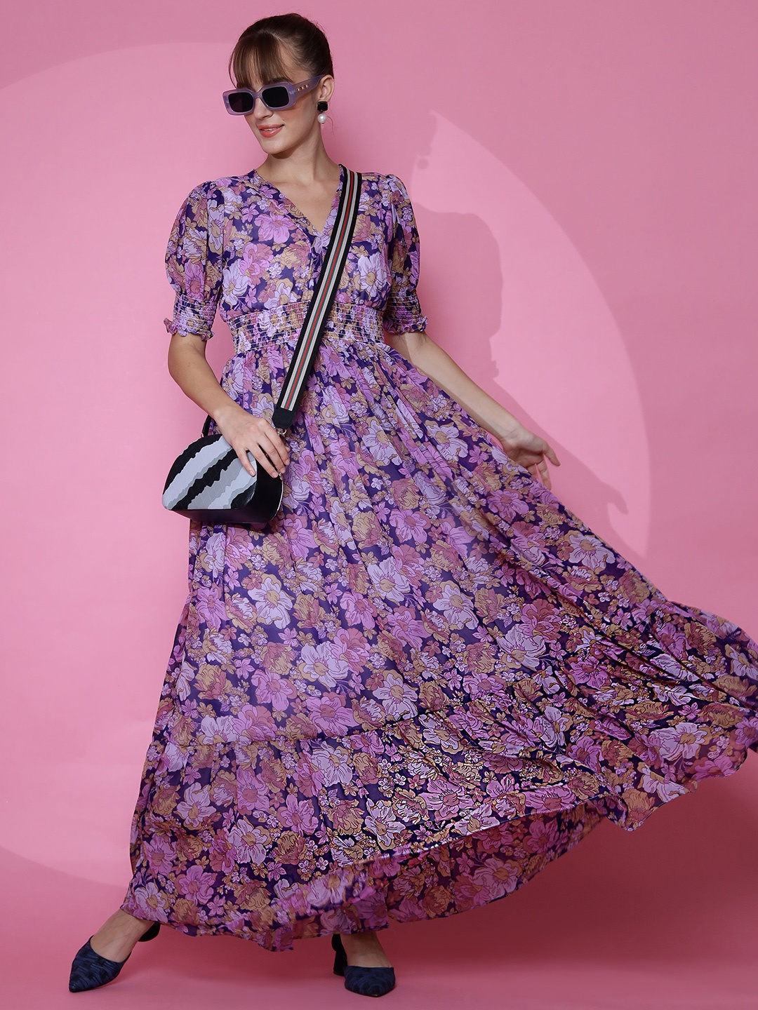 

SHEETAL Associates Floral Printed Puff Sleeve Georgette Fit & Flare Maxi Dress, Purple