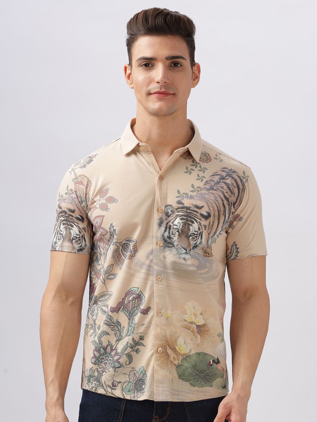 

BULLMER Men Standard Spread Collar Graphic Printed Cotton Casual Shirt, Beige