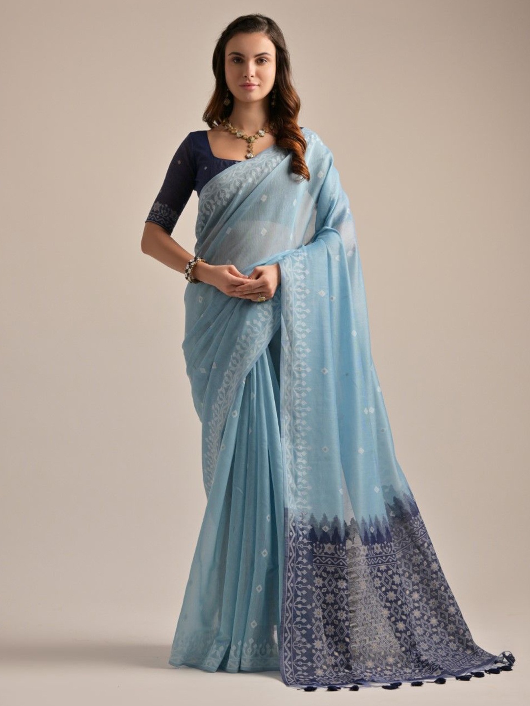 

VISHNU WEAVES Ready to wear Woven Design Zari Pure Cotton Muga Saree, Blue