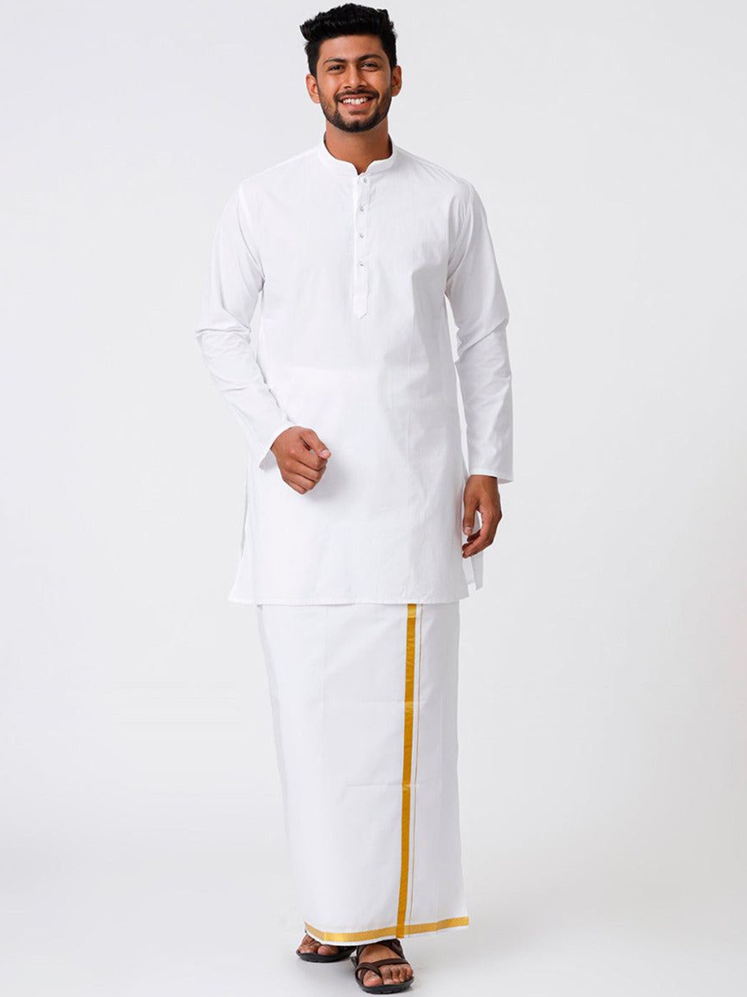 

Ramraj Mandarin Collar Pure Cotton Straight Kurta With Golden Zari Dhoti, White