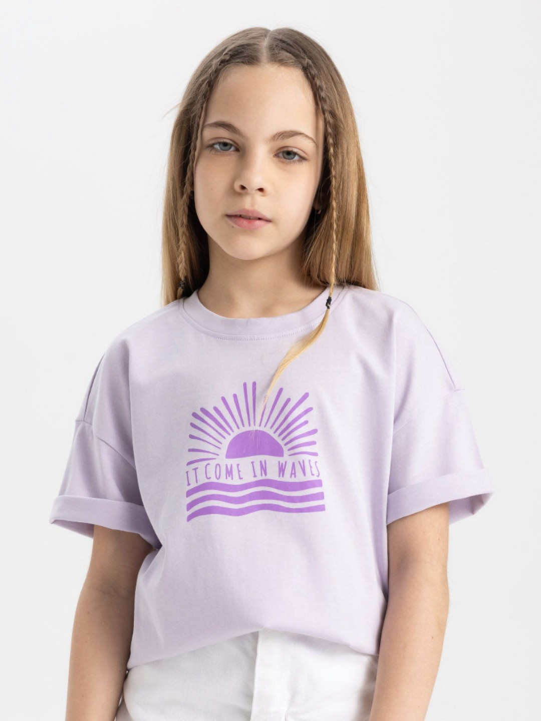 

DeFacto Girls Typography Printed Round Neck Cotton T-shirt, Purple