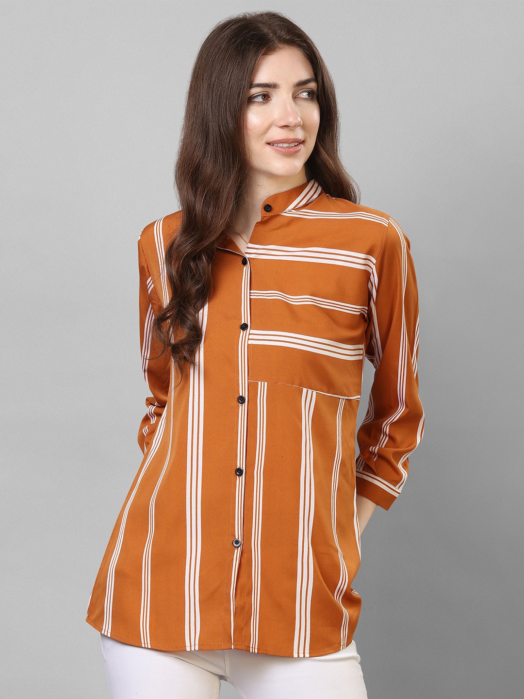 

Murcia Women Mandarin Collar Vertical Striped Casual Shirt, Orange