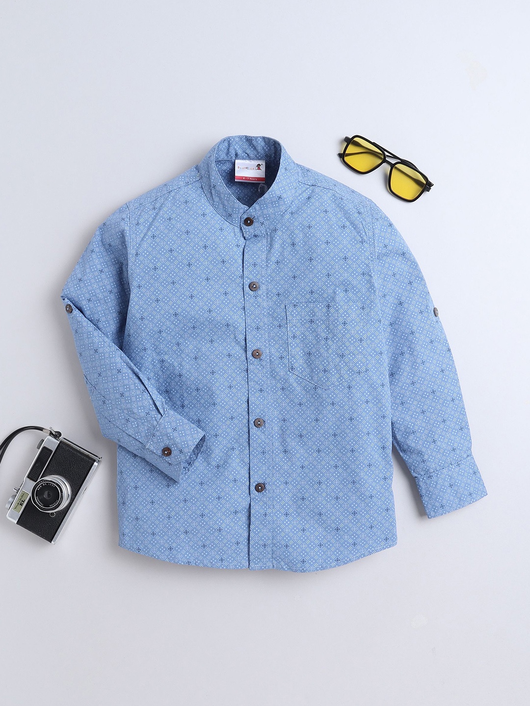 

BAATCHEET Boys Band Collar Conversational Printed Cotton Casual Shirt, Blue