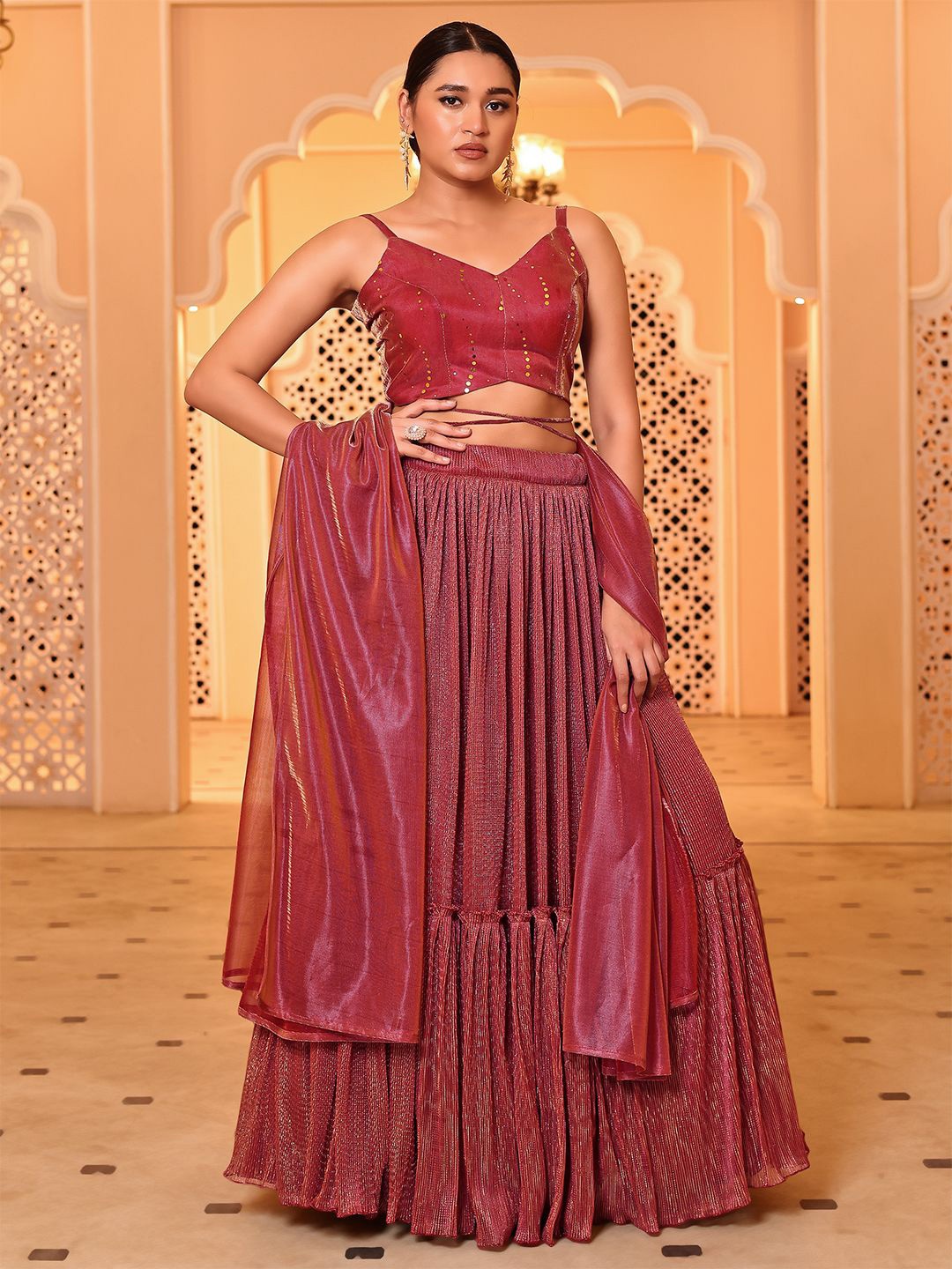 

PURVAJA Embellished Sequinned Ready to Wear Lehenga & Unstitched Blouse With Dupatta, Pink