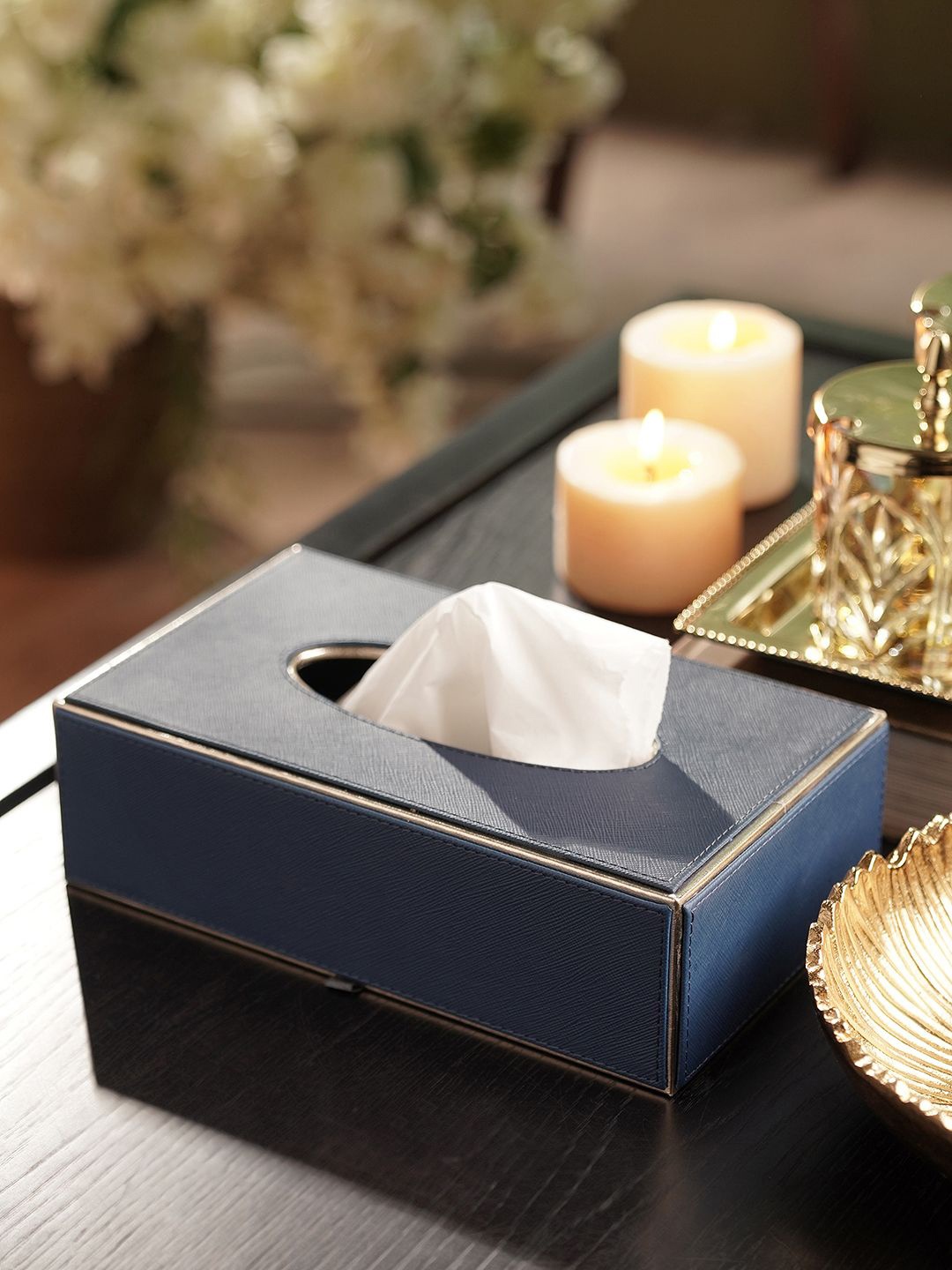 

Pure Home and Living Blue Faux Leather Tissue Box Holder