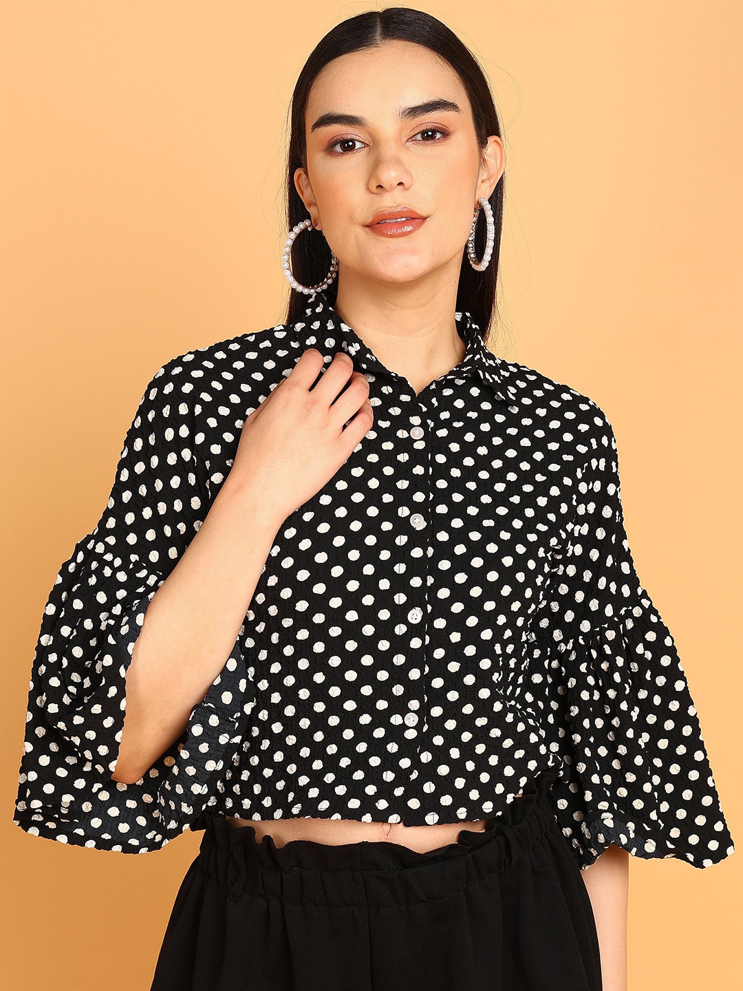 

Murcia Women Spread Collar Polka Dots Printed Casual Shirt, Black