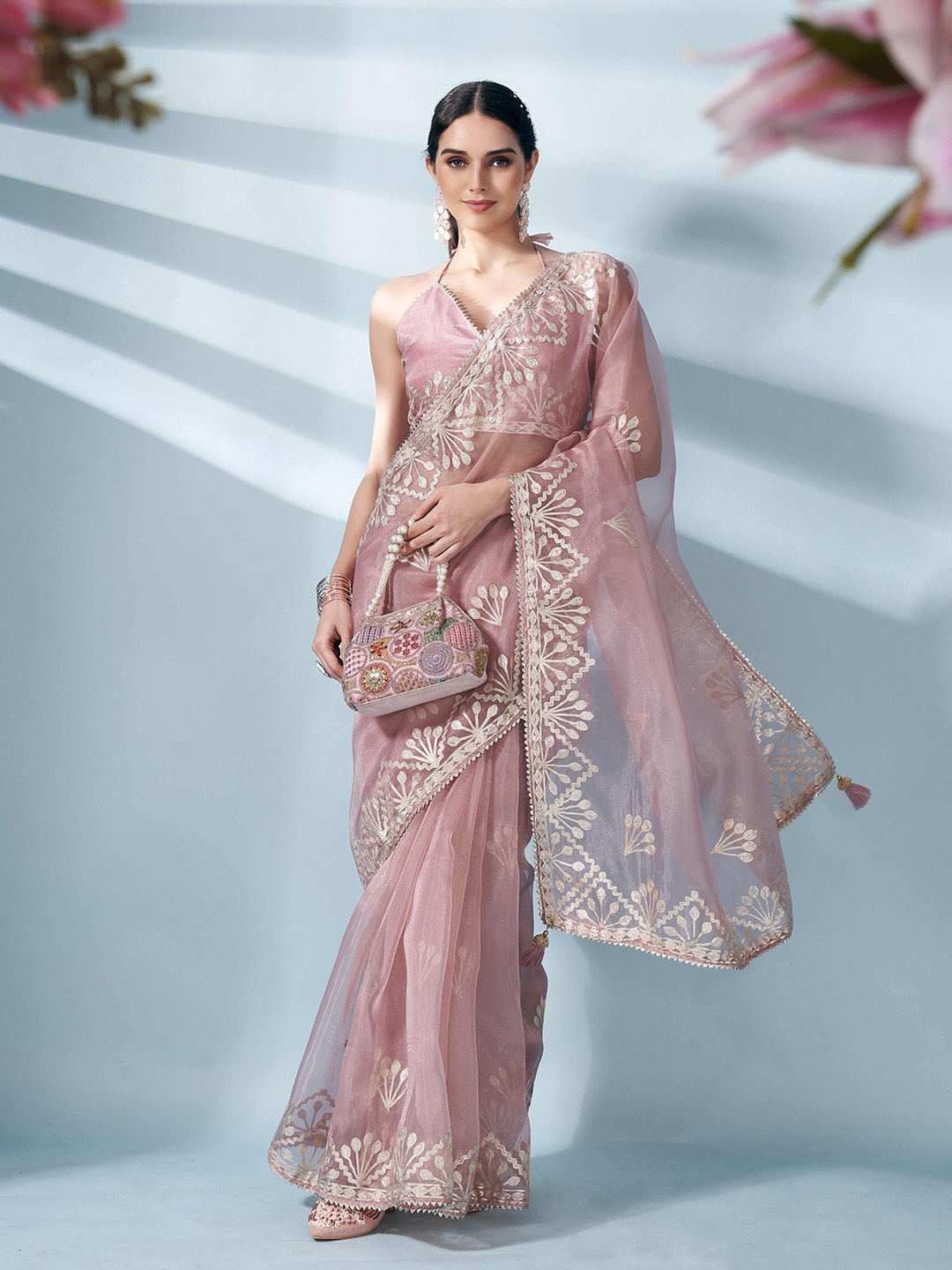 

Tikhi Imli Embroidered Organza Heavy Work Saree, Peach