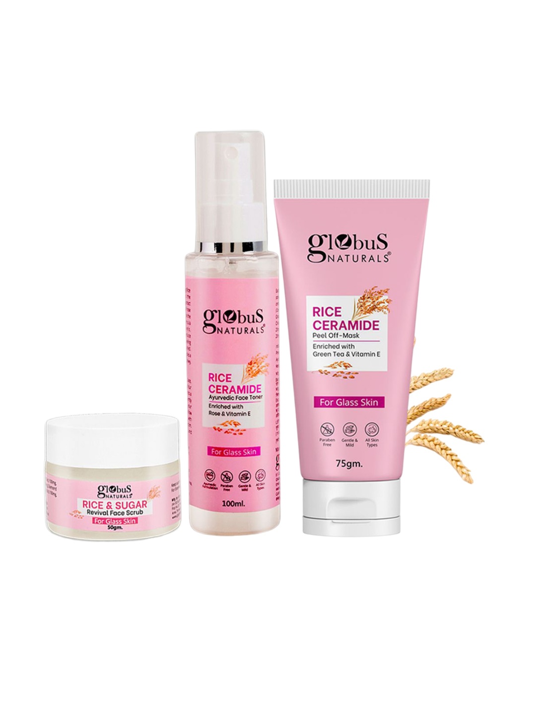 

Globus naturals Set Of 3 Rice Ceramid Face Toner -100ml Scrub-50g & Peel Off Mask-75g, White