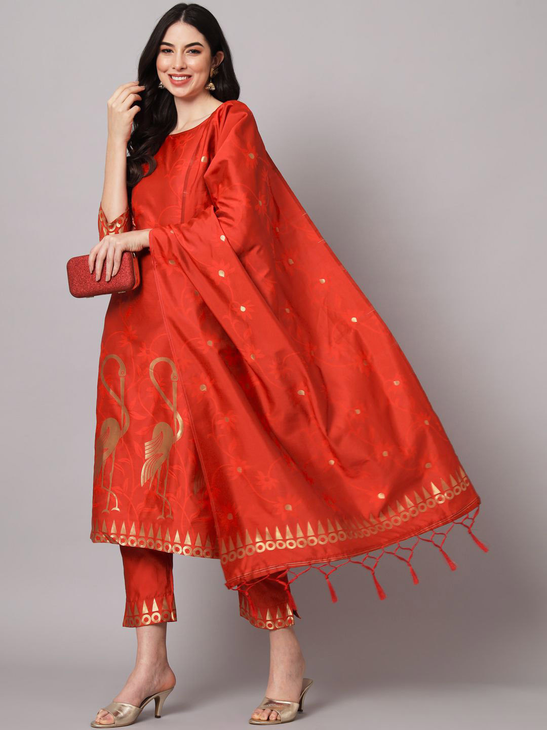 

VredeVogel Ethnic Motifs Woven Design Zari Jacquard Kurta With Trousers & Dupatta, Red