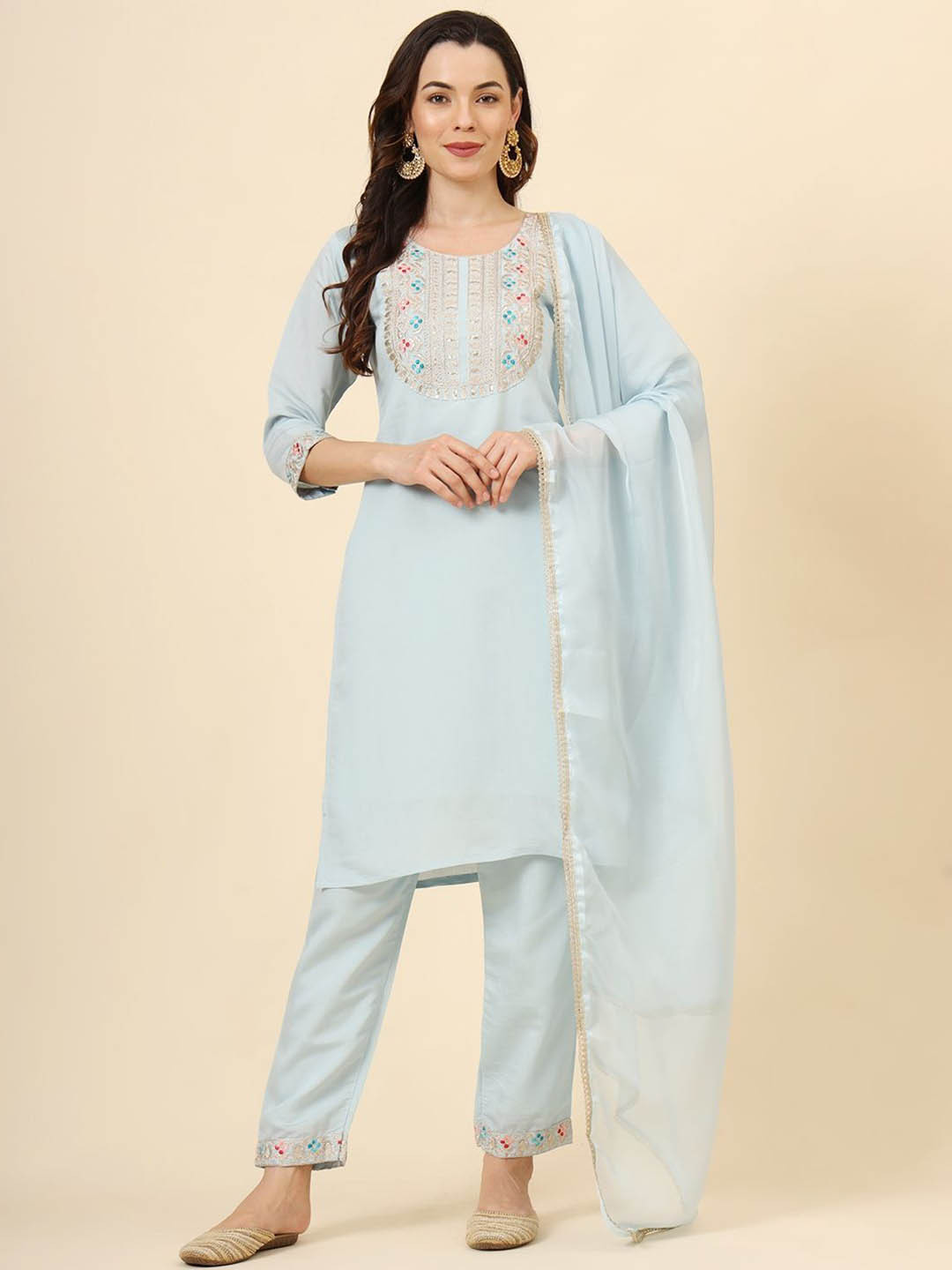 

VAIRAGEE Ethnic Motifs Embroidered Thread Work Straight Kurta with Trousers & With Dupatta, Turquoise blue