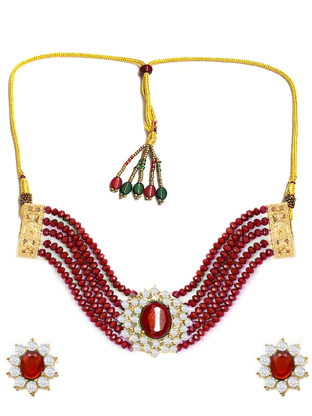 

House of Pataudi Stones Studded & Beaded Multi Layer Ethnic Jewellery Set, Maroon