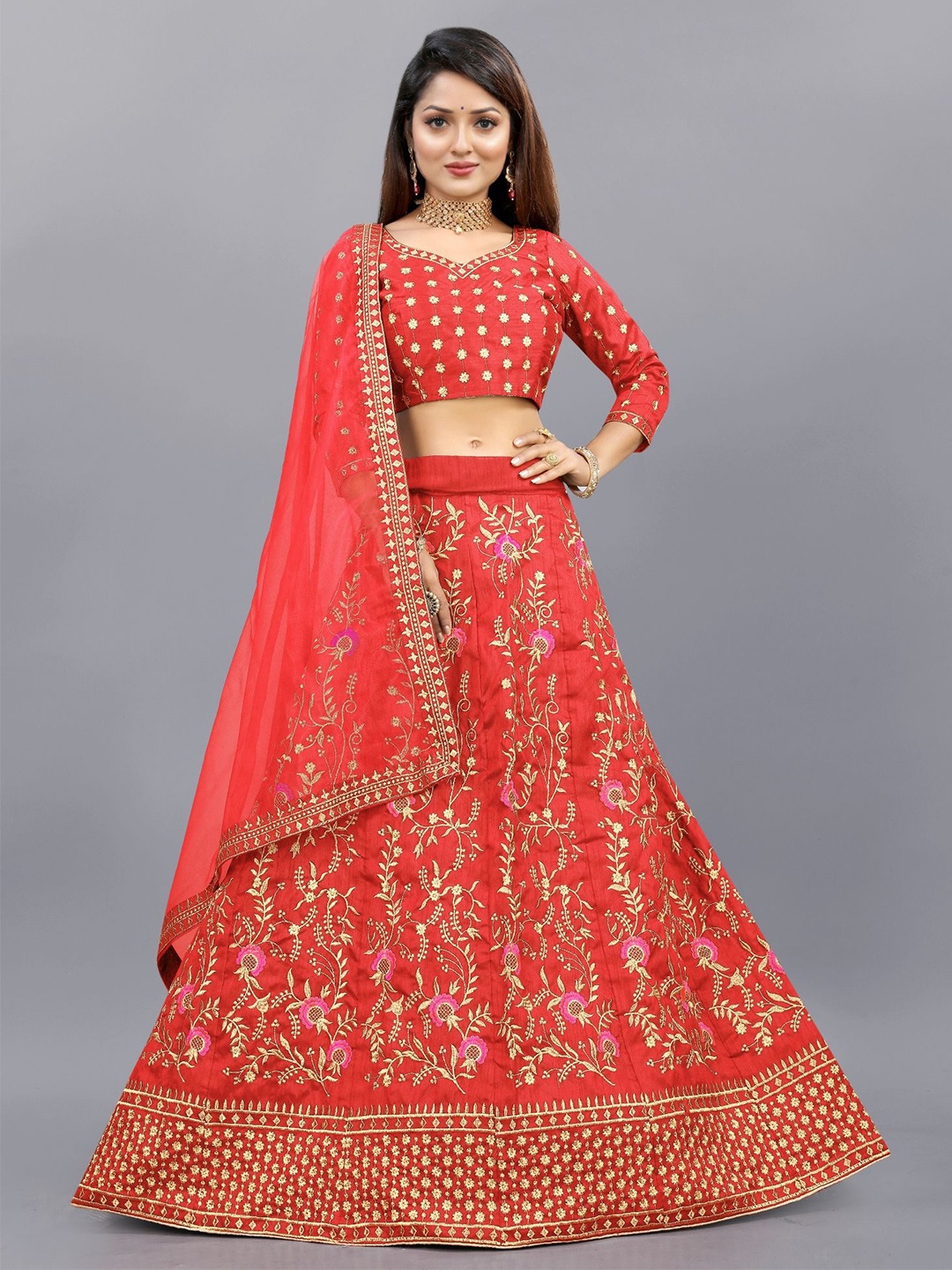 

APNISHA EmbroideredV-Neck Semi Stitched Lehenga & Unstitched Blouse With Dupatta, Red