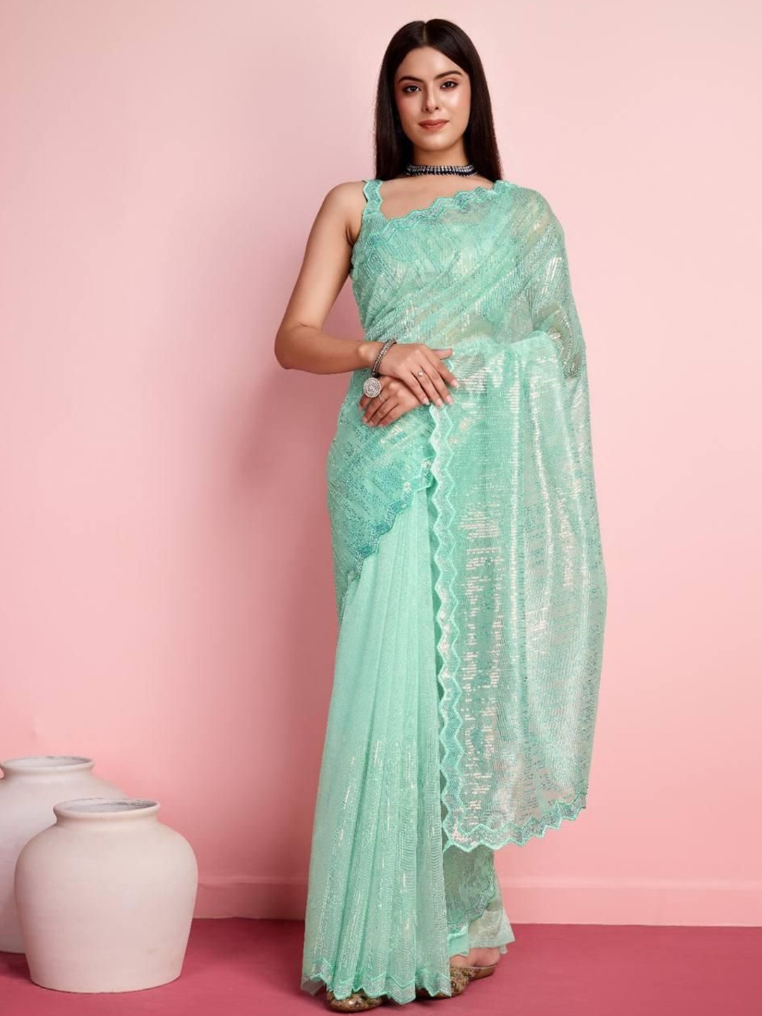 

VenderVilla Embellished Mirror Work Net Saree, Sea green