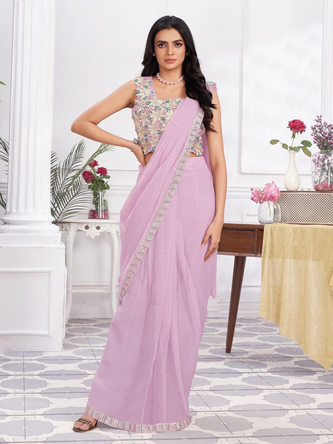 

JIVORA Embellished Pure Georgette Saree, Mauve