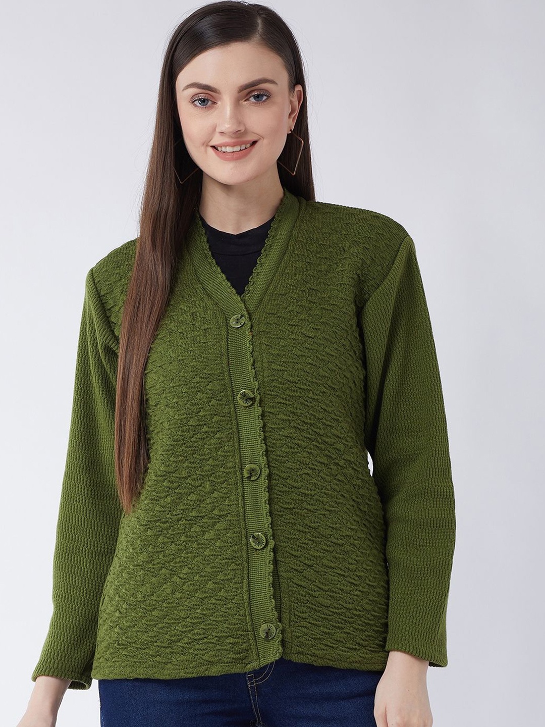 

PIVL Women Self Design Cardigan, Olive