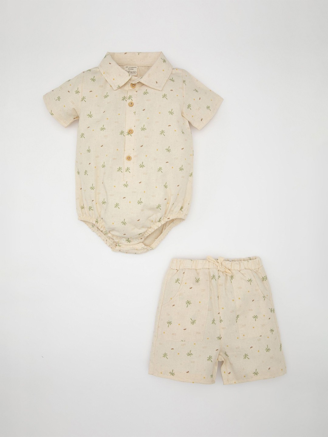 

DeFacto Boys Floral Printed Shirt Collar Pure Cotton Top With Shorts, Beige