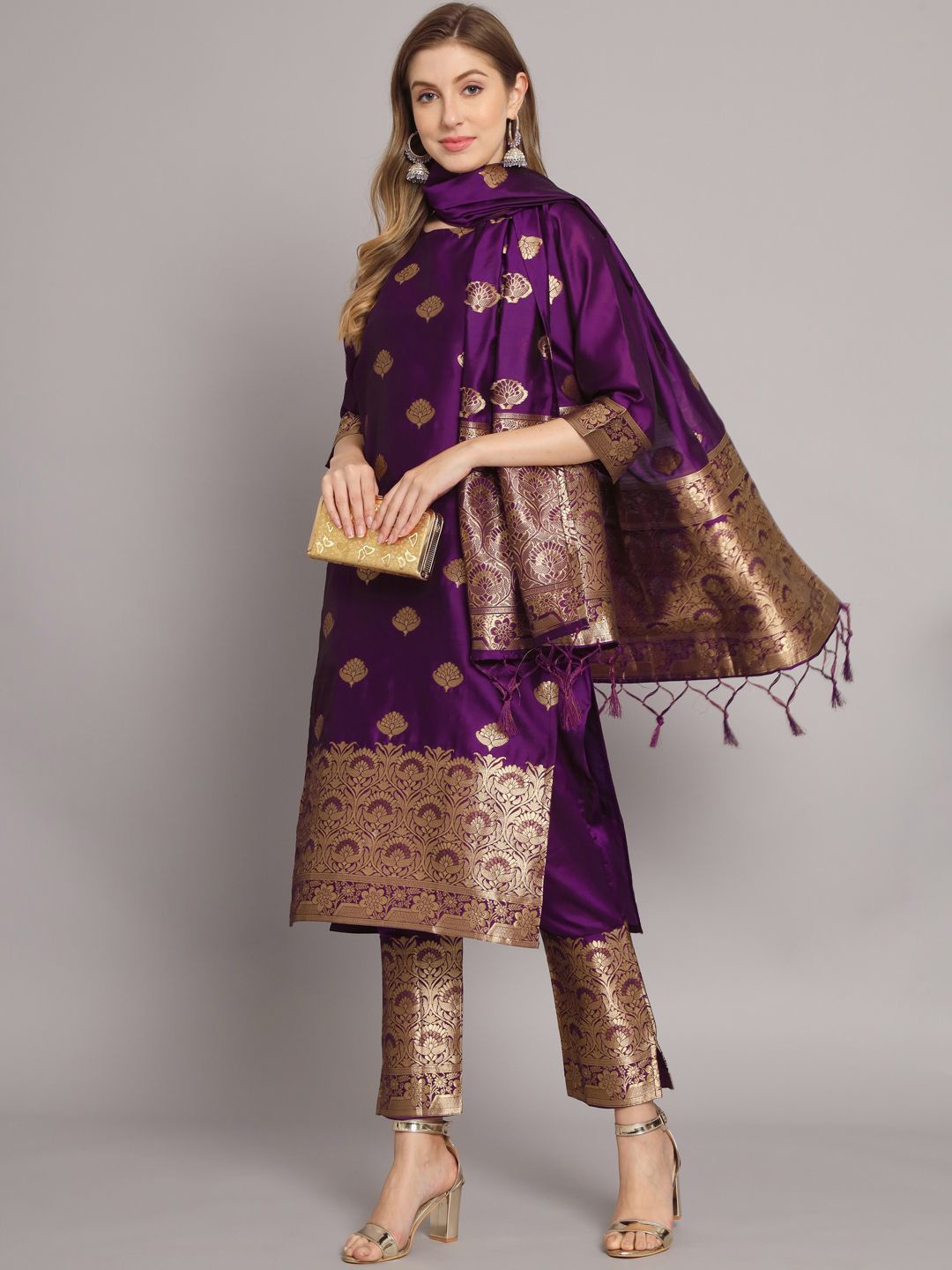 

VredeVogel Ethnic Motifs Woven Design Zari Jacquard Kurta With Trousers & Dupatta, Purple