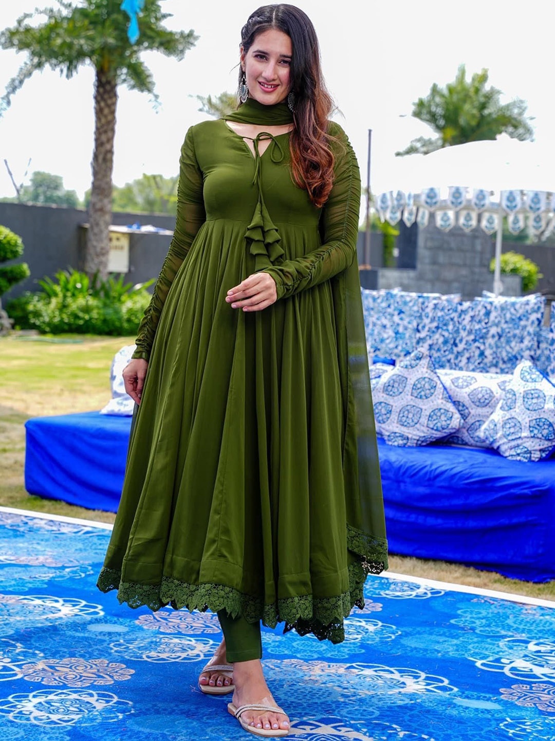 

RYLEE Angrakha Anarkali Kurta with Trousers & With Dupatta, Olive