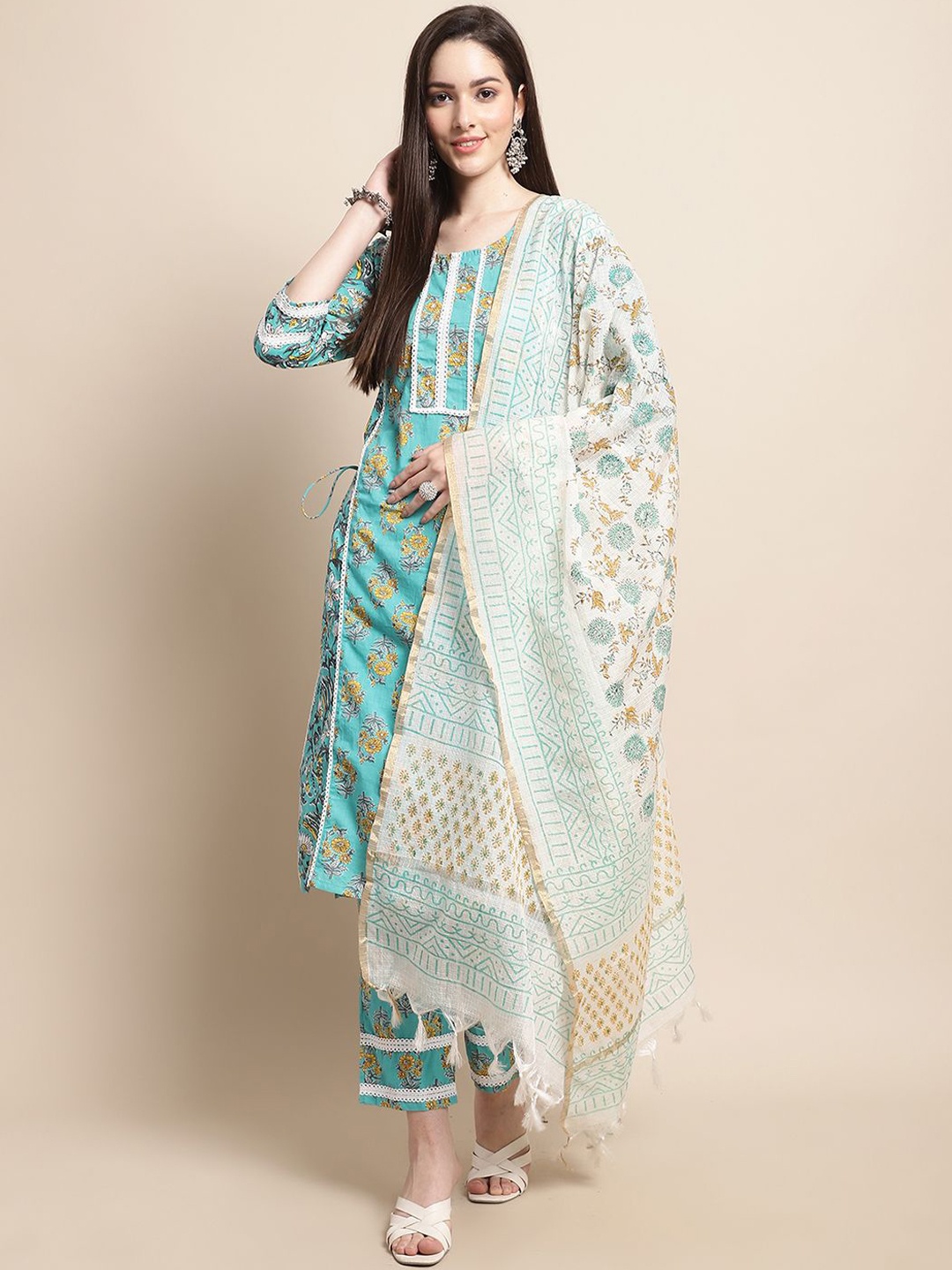 

Sangria Floral Printed Thread Work Pure Cotton Kurta with Trousers & Dupatta, Blue