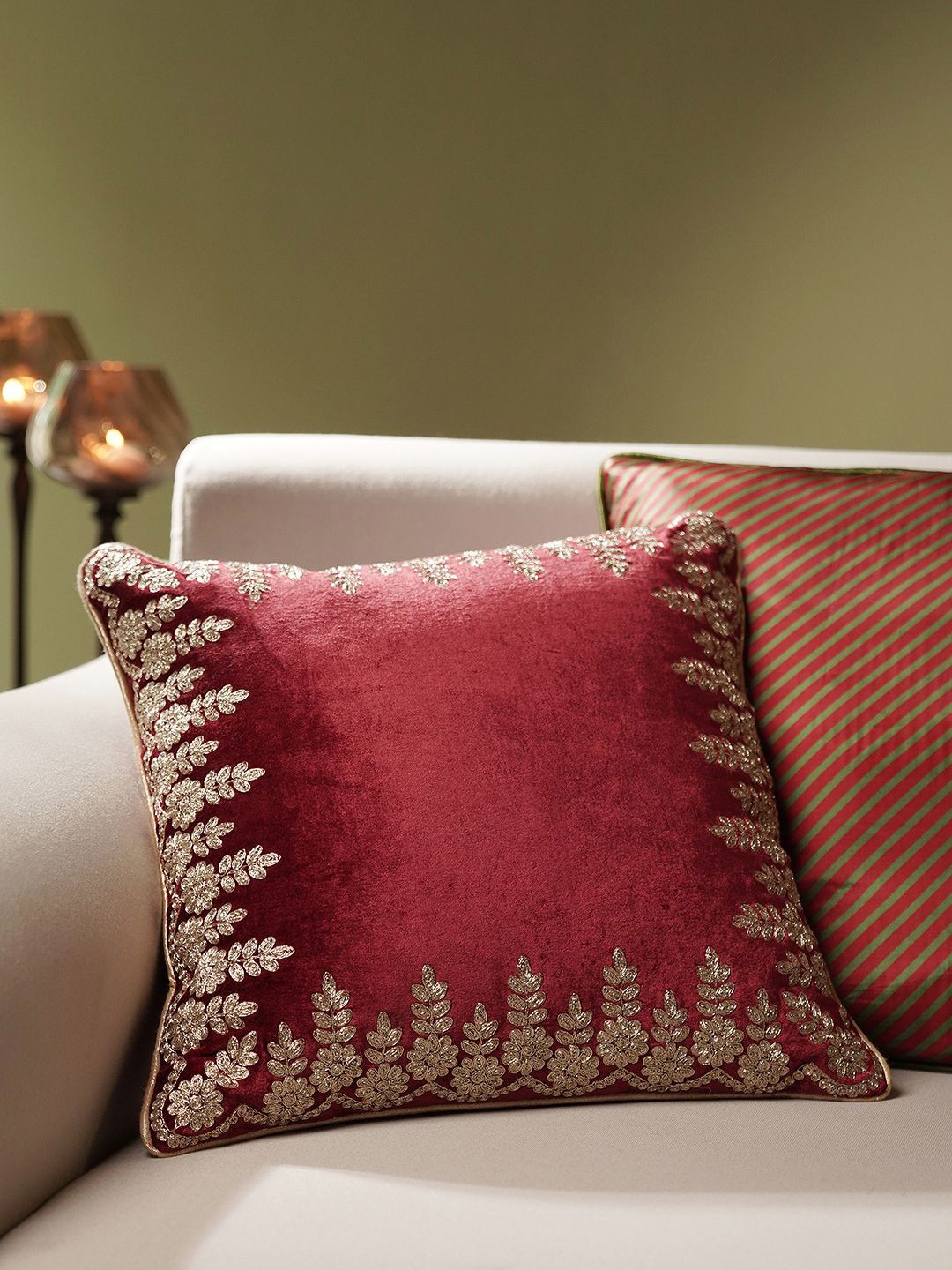 

Pure Home and Living Red & Gold-Toned Embroidered Velvet Square Cushion Covers