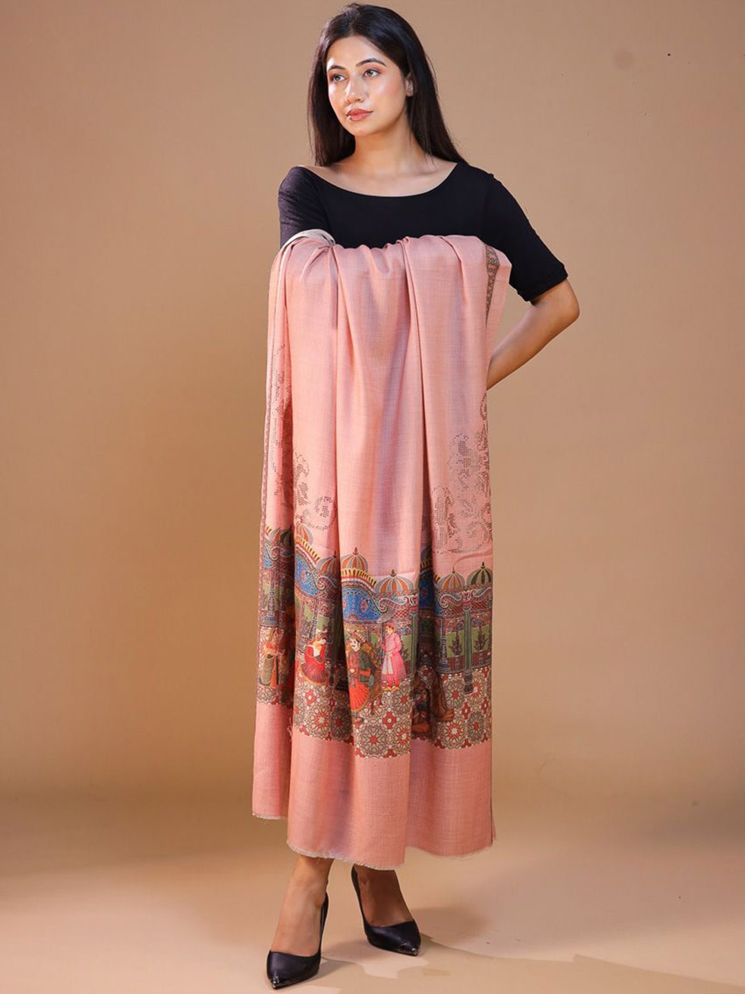 

SWI Stylish Darbar Floral Printed Woolen Shawl, Peach