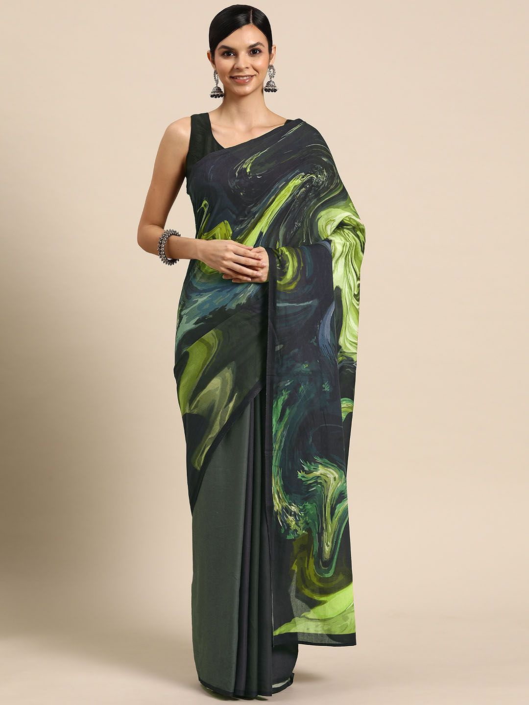 

BUTA BUTI Abstract Printed Pure Cotton Saree, Green