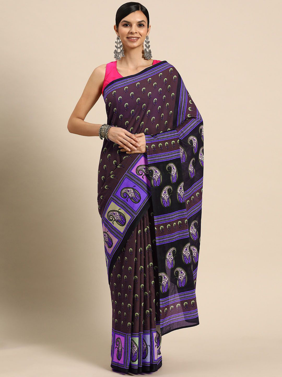

BUTA BUTI Floral Pure Cotton Saree, Purple