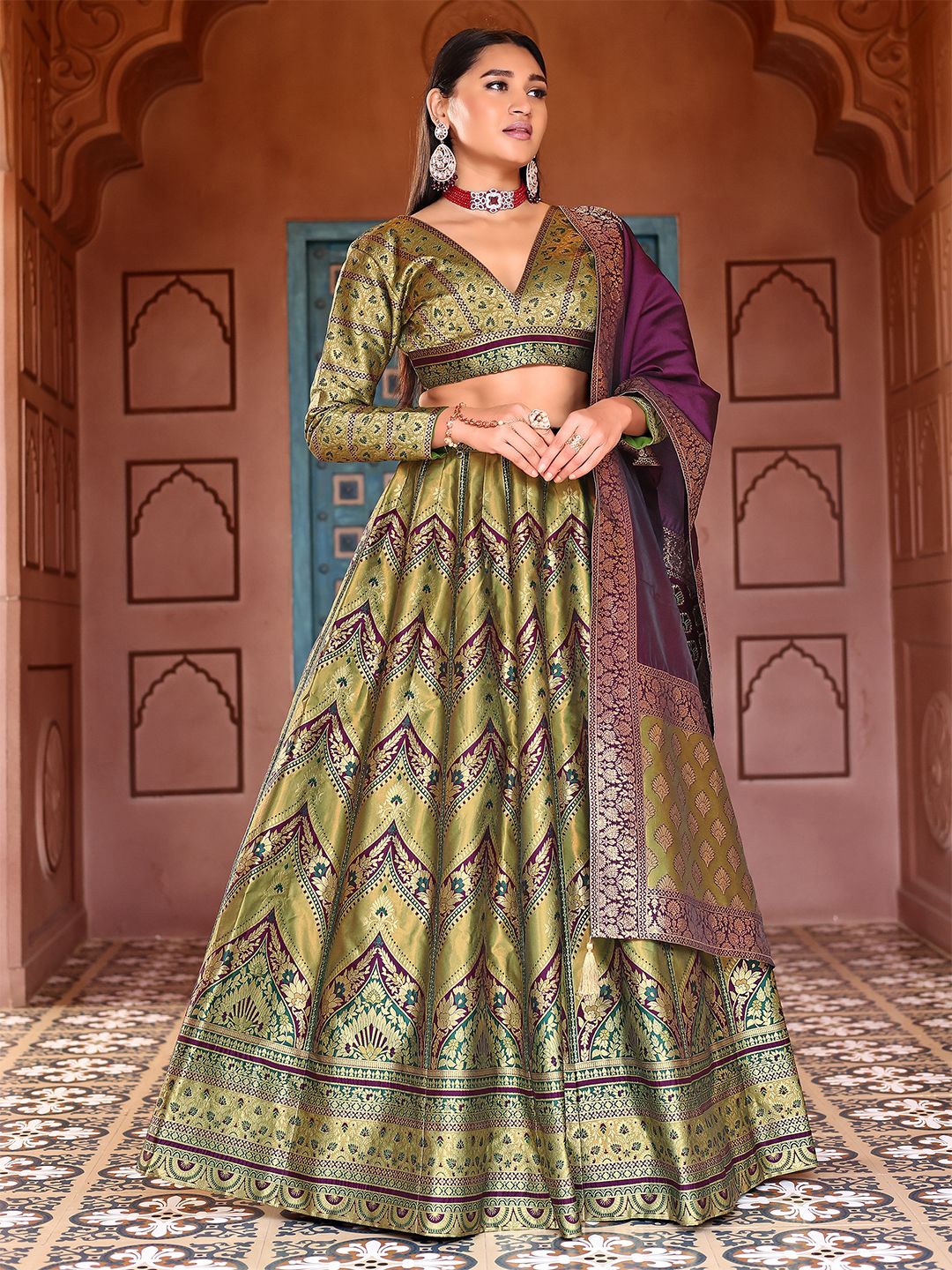 

PURVAJA Ready to Wear Lehenga & Unstitched Blouse With Dupatta, Olive