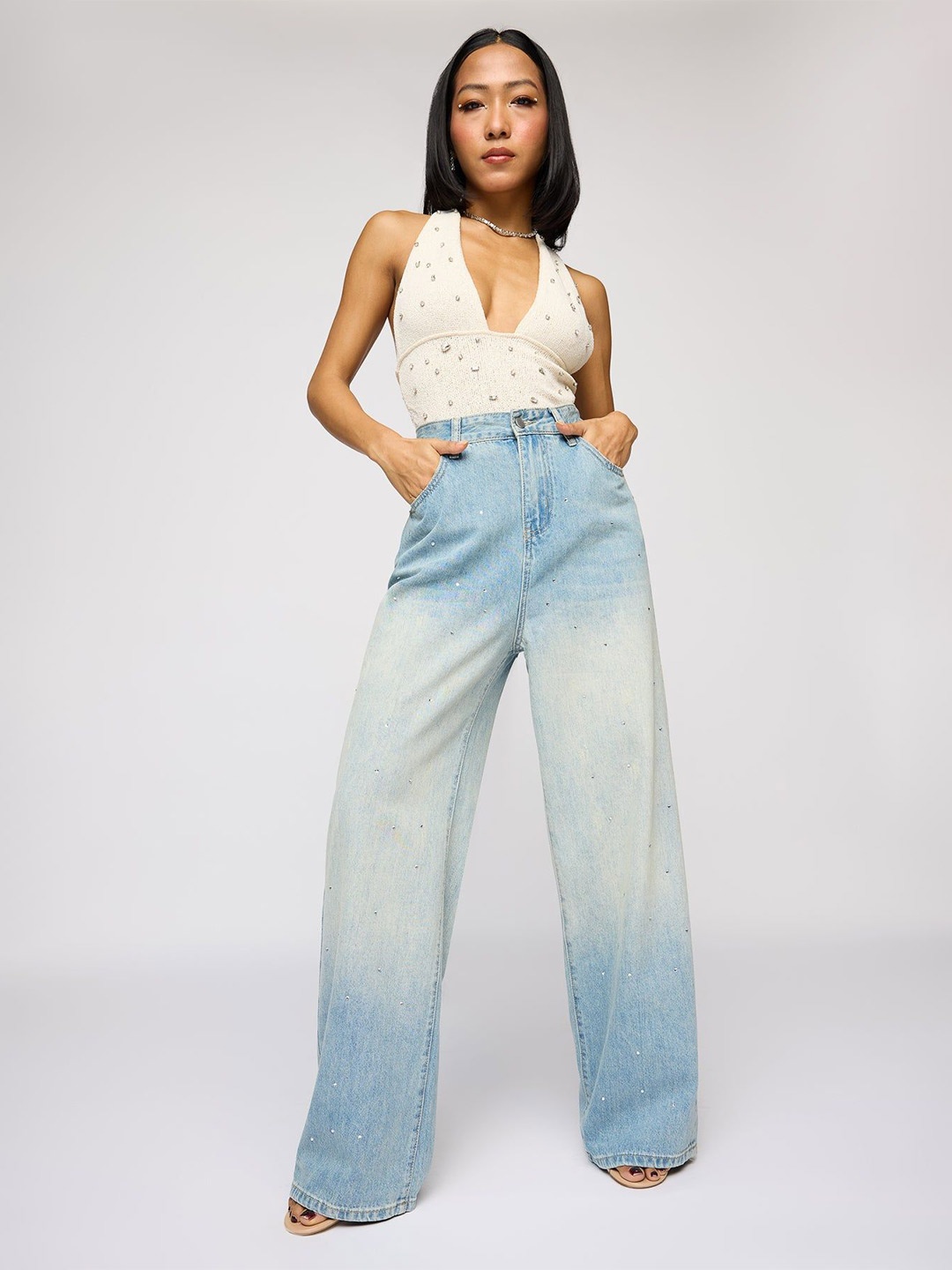 

FREAKINS Women Flared High-Rise Heavy Fade Jeans, Blue