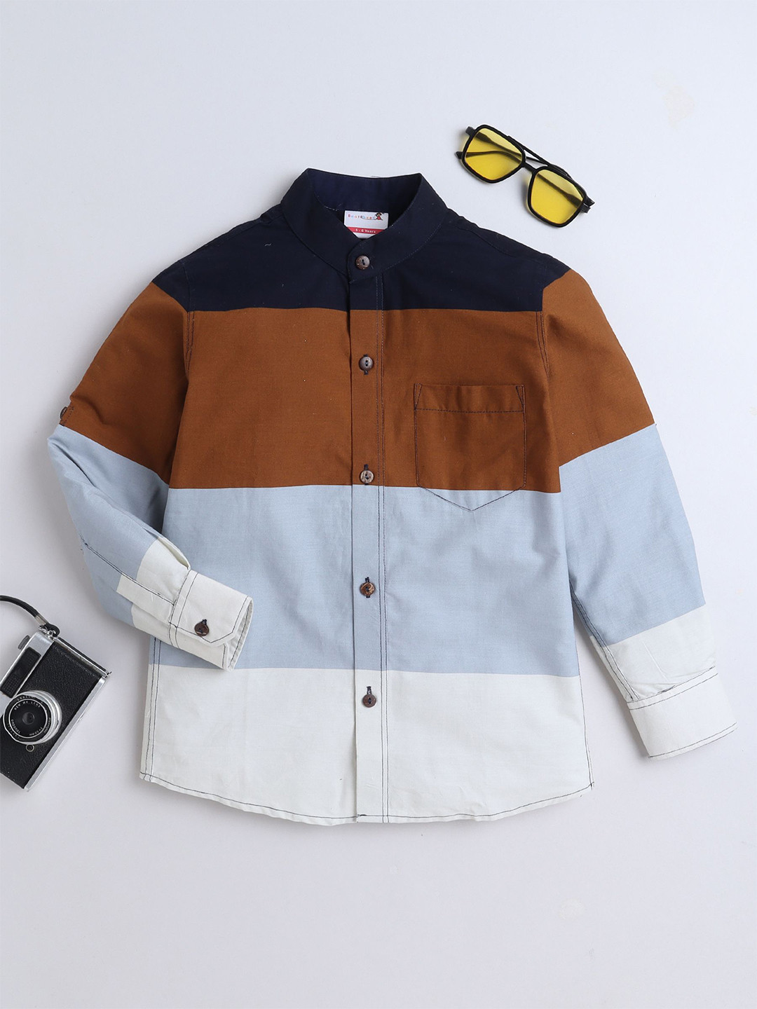 

BAATCHEET Boys Band Collar Colourblocked Cotton Casual Shirt, Brown