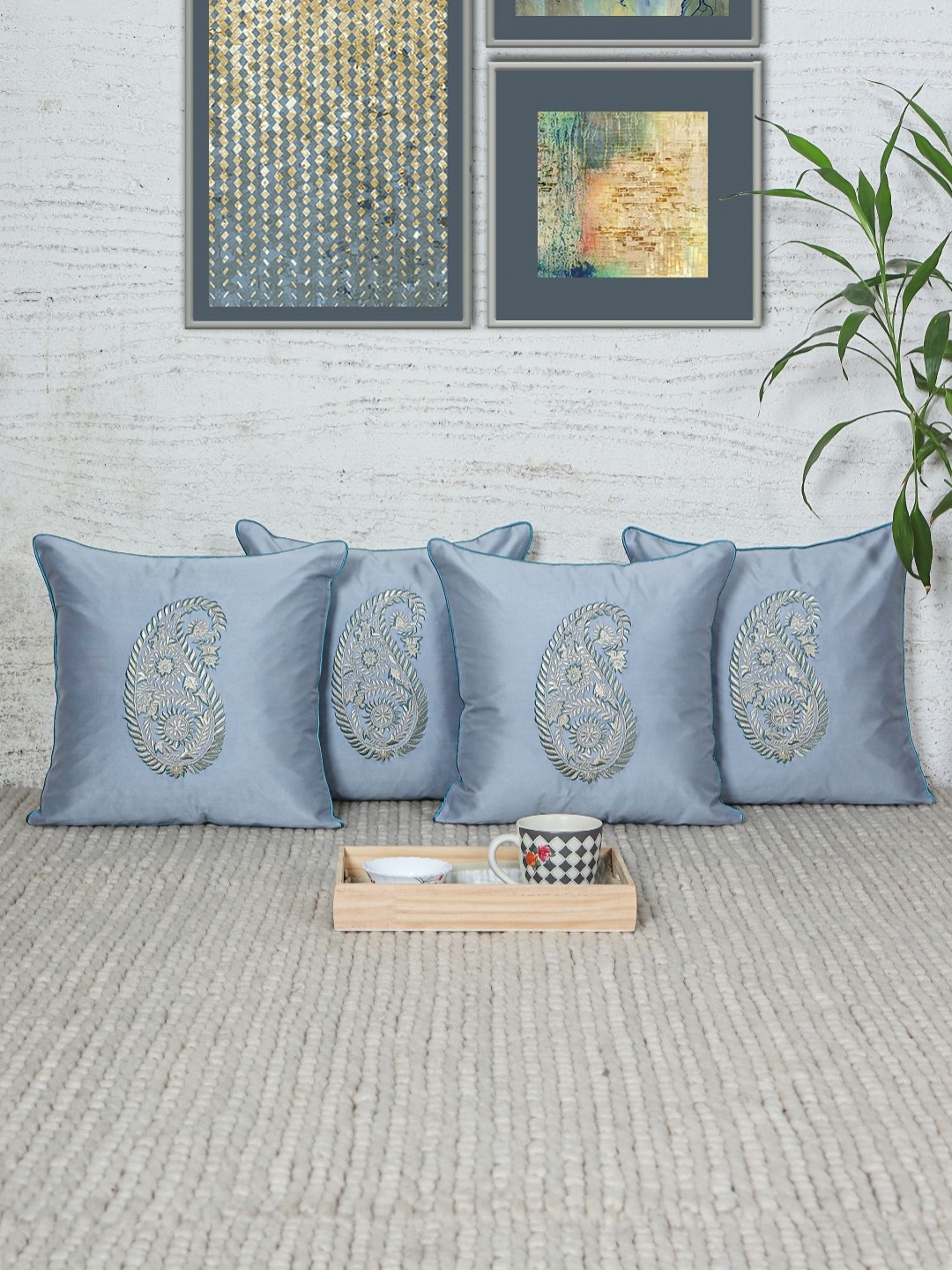 

ZEBA Grey & Silver-Toned 4 Pieces Ethnic Motifs Square Cushion Covers