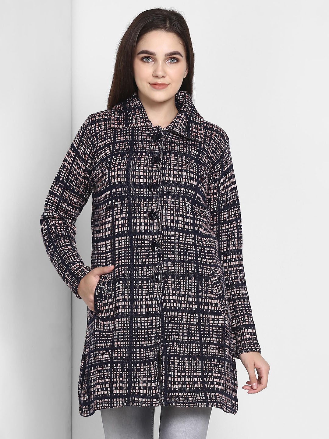 

PIVL Women Printed Longline Cardigan Sweater, Black
