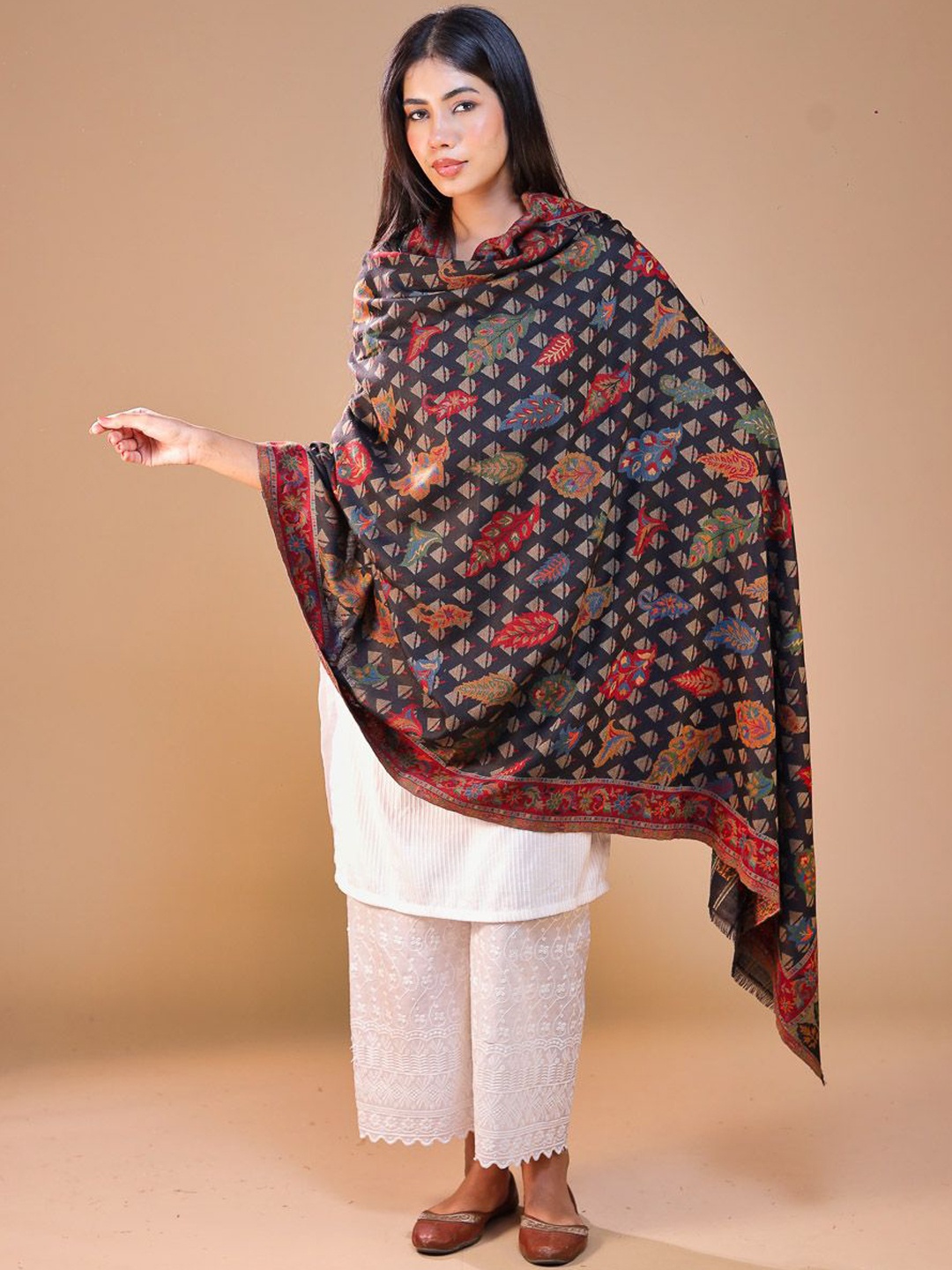 

SWI Stylish Ethnic Motifs Woven Design Wool Shawl, Black