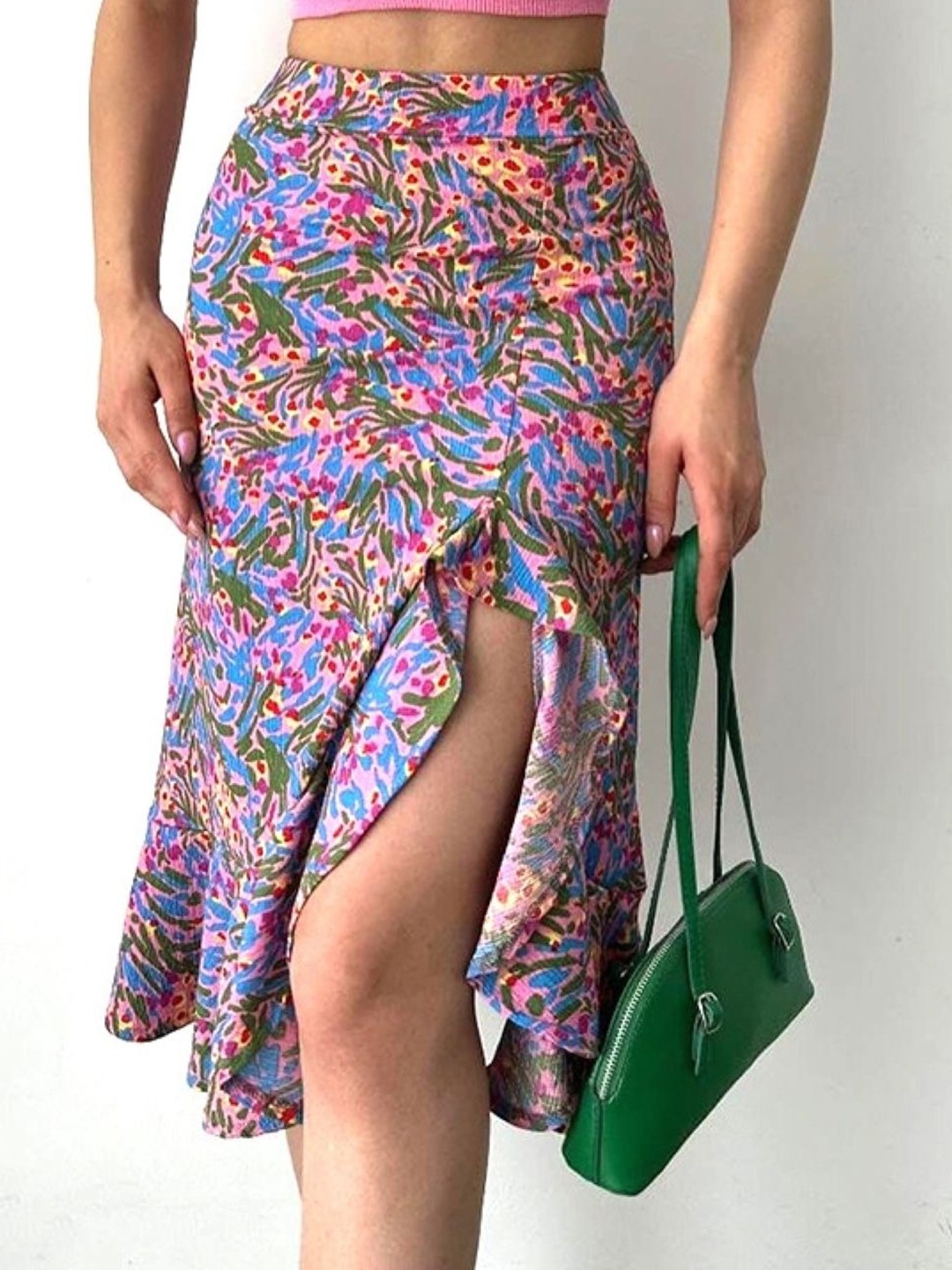 

KPOP Women's Floral Printed Straight Midi Slip-On Skirt, Purple