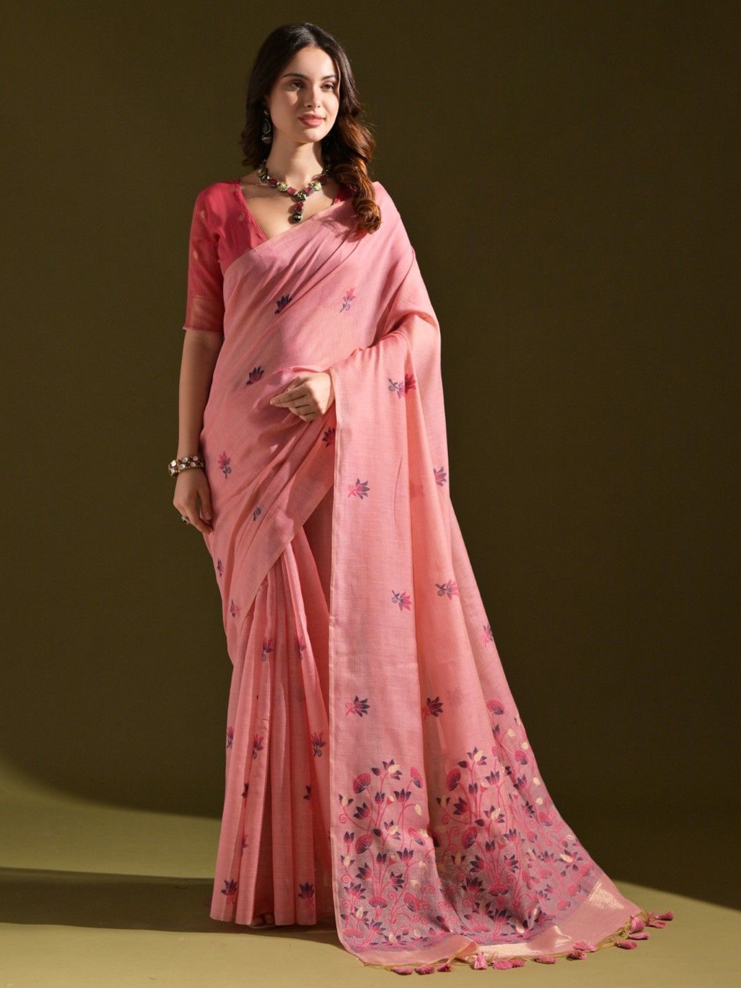 

VISHNU WEAVES Woven Design Zari Pure Cotton Muga Saree, Pink