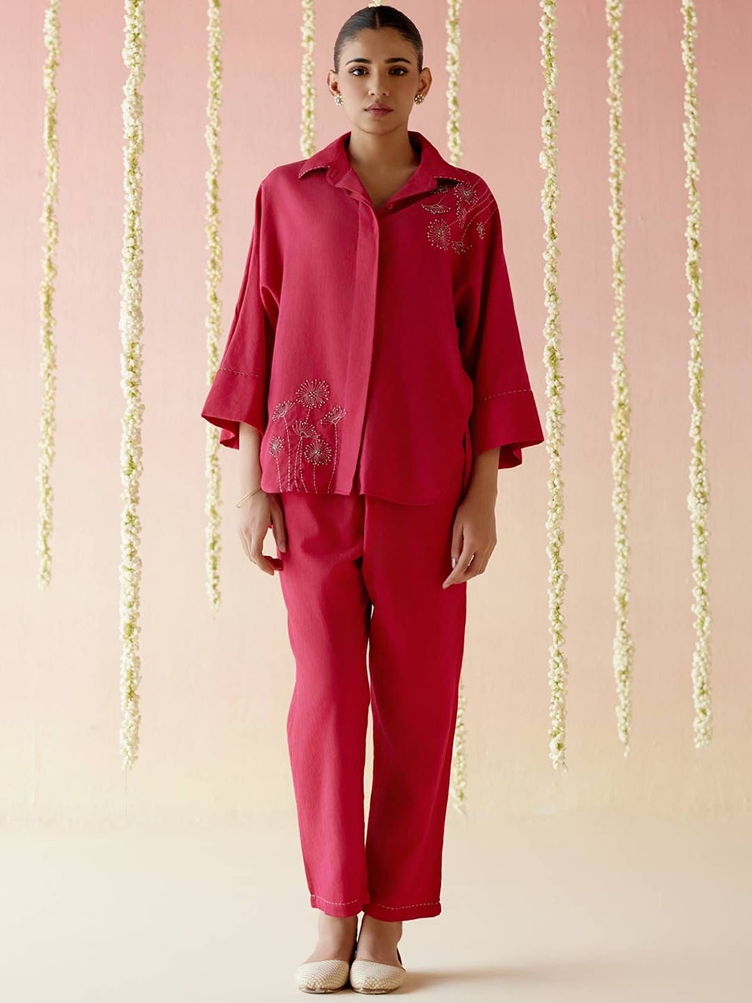 

NERO Embroidered Pure Cotton Straight Shirt With Trousers, Pink