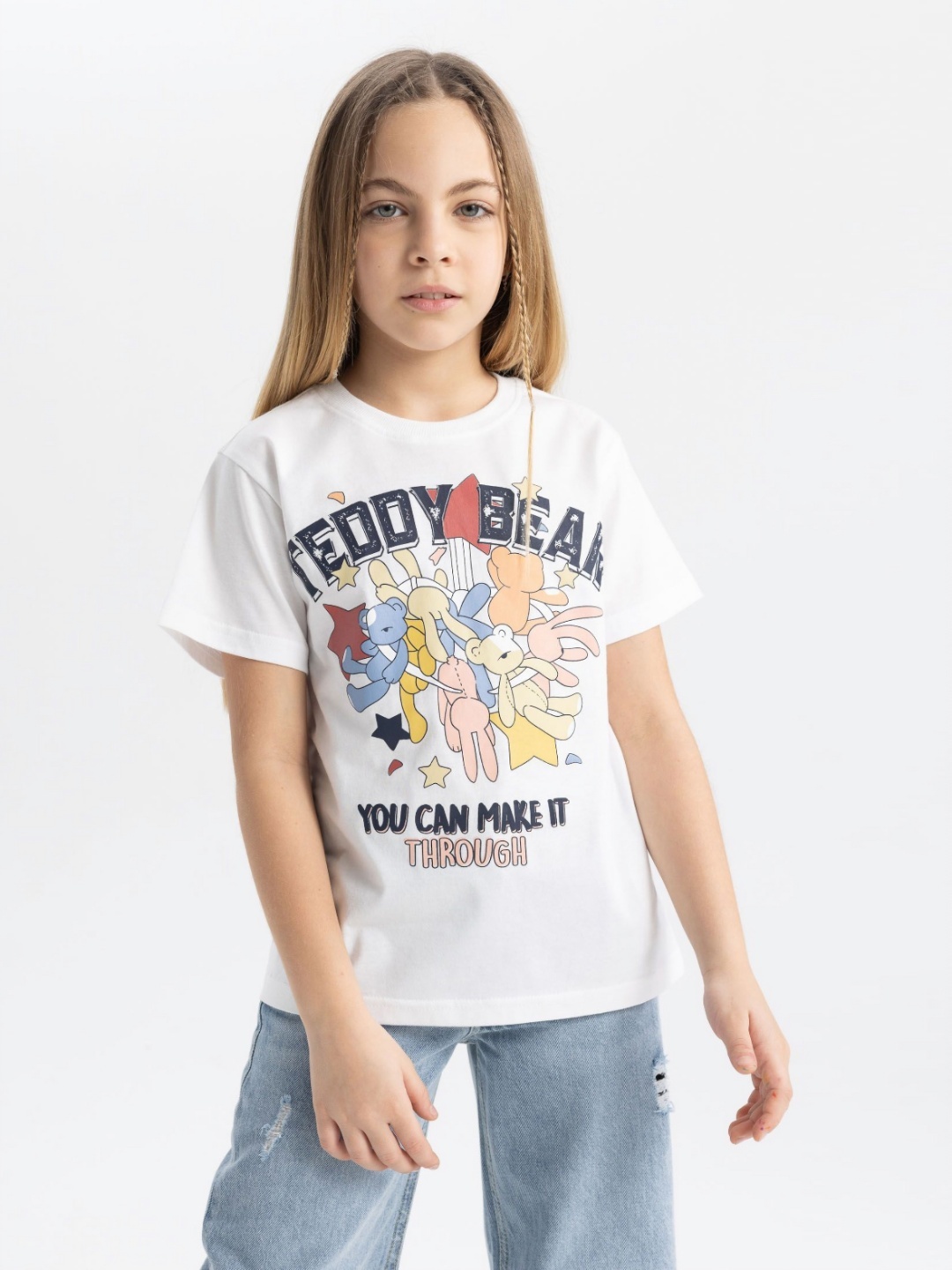 

DeFacto Girls Graphic Printed Round Neck Cotton T-shirt, White
