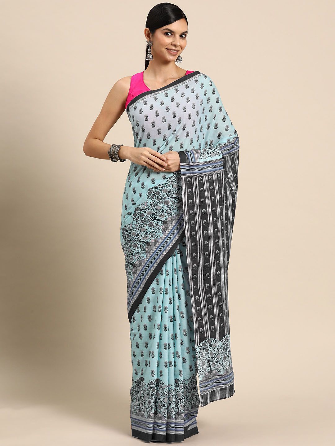 

BUTA BUTI Floral Printed Pure Cotton Saree, Blue