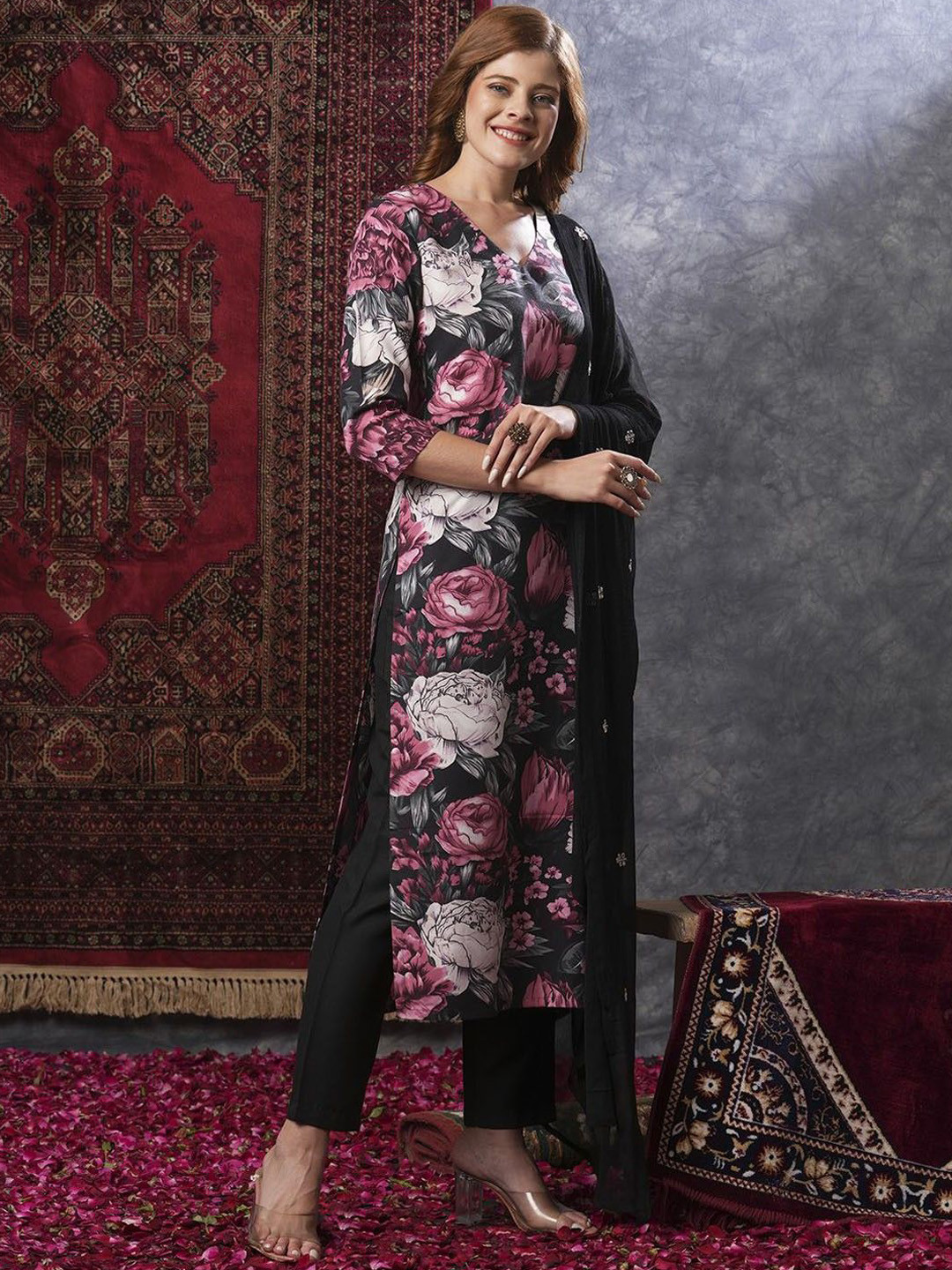 

Anni Designer Floral Printed Regular Straight Kurta with Trousers & With Dupatta, Black